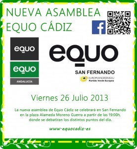 ASAMBLEA EQUO CADIZ 26 Julio 2013, en San Fernando. 19:00h Verdes Equo Andalucía