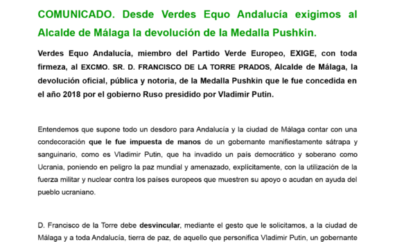 Exigimos al Alcalde de Málaga la devolución de la Medalla Pushkin Verdes Equo Andalucía