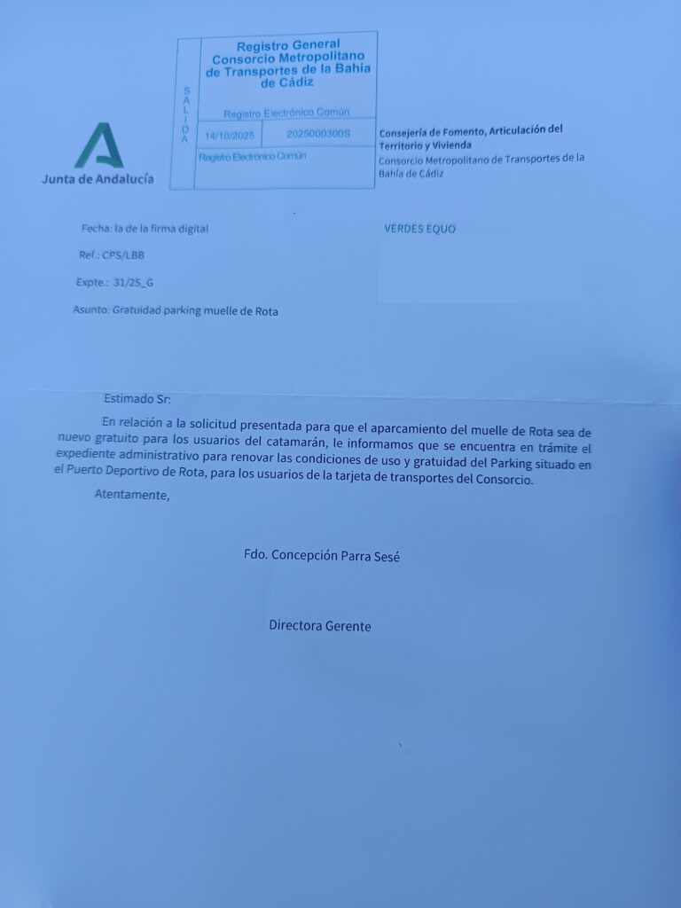Verdes Equo recibe respuesta de la Junta a la propuesta sobre la gratuidad del parking del muelle para usuarios del catamarán Verdes Equo recibe respuesta de la Junta a la propuesta sobre la gratuidad del parking del muelle para usuarios del catamarán Verdes Equo Andalucía